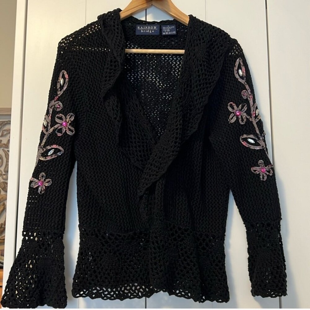 EUC Crochet Cardigan with Embellishments (says L but best fit XS -M)